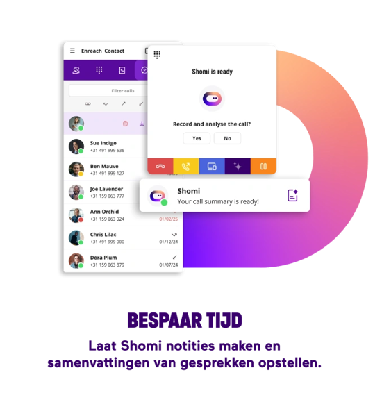 Shomi AI-assistent in Enreach interface toont oproeplijst, analyseert telefoongesprekken en genereert automatisch notities en samenvattingen.